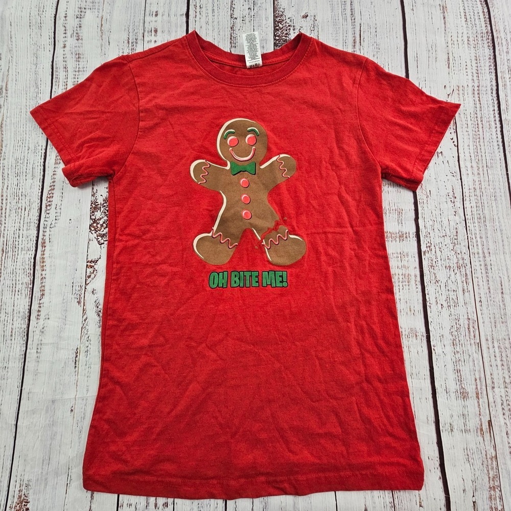 Bite Me Ginger Bread Christmas Red Short Sleeve‎ Cotton Blend T-Shirt Youth L